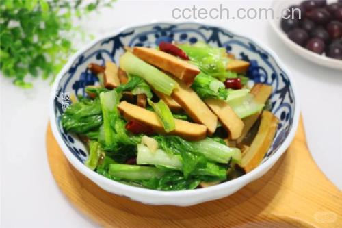 五款娃娃菜炒菜成品:猪肉片、虾仁、香菇豆腐干、蒜苗、清炒 全家福搭配图