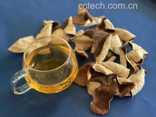 图片说明:透明玻璃杯中盛放着由陈皮、柠檬和山楂泡制而成的淡黄色饮品,背景模糊,突出视觉美感 陈皮柠檬山楂泡水成品图