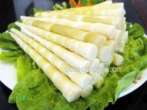一盘油焖笋成品摆盘,红亮酱汁包裹着金黄色的笋块,点缀少许葱花,置于白色瓷盘中,背景虚化,体现食欲感 竹笋菜肴成品图