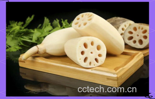 新鲜白莲藕切片呈乳白色,放置10分钟后边缘开始泛黄,20分钟后整体转为浅褐色;背景为不锈钢砧板与不锈钢刀具,光线自然,突出颜色变化过程 白莲藕切片前后颜色变化对比图