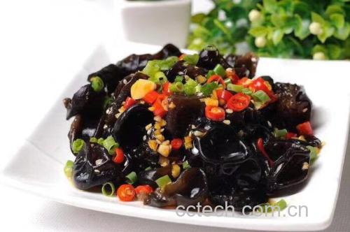 一道清爽的凉拌黑木耳配黄瓜丝和红椒丝,展现其日常食用方式 黑木耳凉拌菜