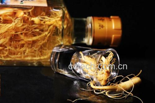 一瓶装有长白山人参与灵芝的透明玻璃瓶泡酒,背景为自然森林环境 长白山人参和灵芝泡酒的成品图