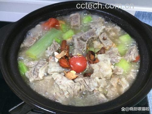 一口铸铁锅正在炉灶上慢炖,锅盖微启,冒出缕缕蒸汽,锅内可见牛尾块与白萝卜块在浓汤中翻滚,汤面金黄油润,旁边摆放着姜片、葱段、八角等香料,体现家庭烹饪的真实氛围 家庭厨房炖煮过程图