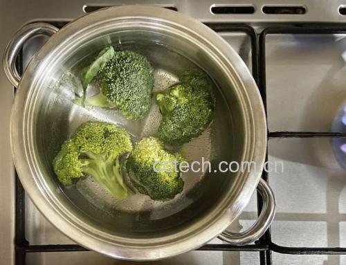 一位家庭主妇在厨房中用不锈钢锅清蒸西兰花,旁边配有切好的蒜末和橄榄油,灶台整洁,光线明亮,体现健康饮食的生活方式 家庭烹饪场景