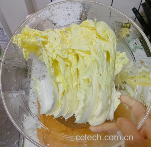 一名厨师正在厨房操作台上分别清洗绿色油菜,并将干粉条放入透明碗中用温水浸泡,背景为整洁的厨房环境,光线明亮自然 油菜清洗与粉条泡发过程
