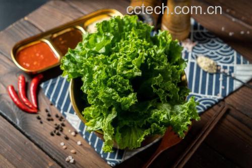 一碗色彩鲜艳的生菜拌面,面条呈淡黄色,生菜翠绿完整地包裹在面条中,表面撒有白色芝麻和葱花,旁边摆放着一个小瓷碗盛放红色辣椒油,整体摆盘清新自然,背景为木质餐桌 生菜拌面成品图
