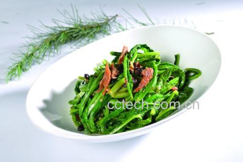 一盘色泽红亮、松花菜翠绿、肉片嫩滑的东北风味松花菜炒肉片,盛放在白色瓷盘中,背景为木质餐桌,旁边配有米饭和筷子 松花菜炒肉片成品图