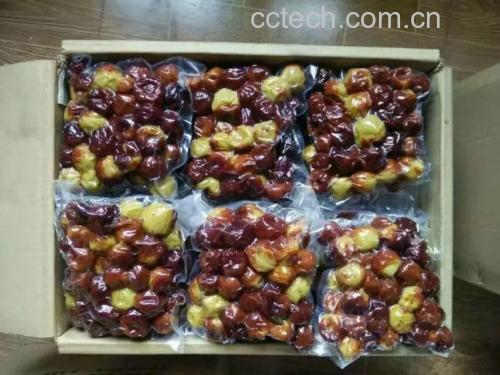 展示冬枣在恒温恒湿冷藏库中存放的情景,配有塑料包装和湿度监测设备 冬枣冷藏贮存示意图