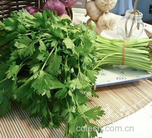 厨房操作台上摆放着新鲜采摘的西芹和白色蘑菇,旁边有几瓣剥好的大蒜,背景为自然光线下的木质案板,整体呈现清新健康的食材准备场景 图片描述