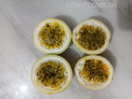 一颗新鲜的黄色百香果,切开后露出内部黑色种子与橙色果肉 百香果特写