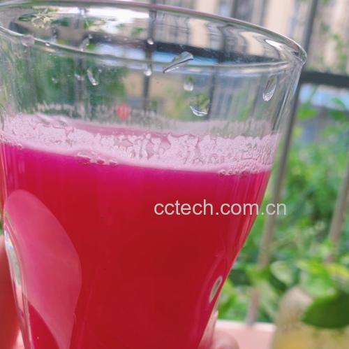 一只透明玻璃杯盛满深紫红色的红提汁,液体清澈透亮,杯壁凝结细密水珠,背景虚化的桌面上摆放着几串新鲜红提果实和半剖开的果粒,展示果汁来源的真实性与天然品质 红提汁特写镜头
