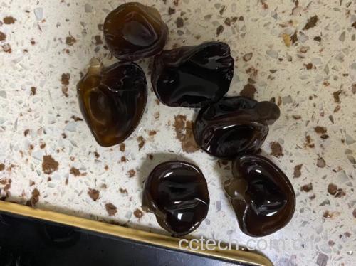 展示一碗泡发后的黑木耳,旁边撒有适量白糖,桌上铺有干净的布或木质背景 黑木耳蘸白糖的传统吃法