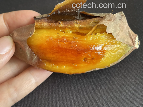 烤烟薯成品图,表面微微焦糖化,内部金黄流蜜 烤烟薯成品图