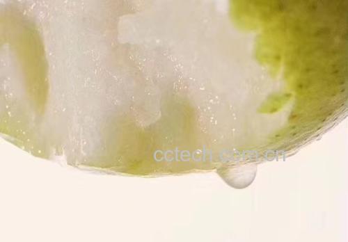 一张高清特写照片,展示切开的新鲜小香梨,果肉洁白细腻,汁水充盈,剖面光滑无渣,旁边放置一把不锈钢水果刀和一块白色陶瓷盘,背景虚化 图片描述
