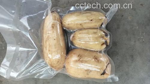新鲜切开的白莲藕左侧呈乳白色,右侧暴露空气中30分钟后明显变为淡黄色至浅褐色,展示酶促褐变过程 白莲藕切面氧化前后对比图