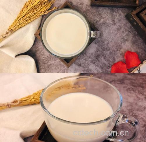 玻璃杯中盛满浓稠细腻的深紫灰色豆浆,表面泛着自然油光,旁边配有一把木勺轻轻搅动,背景为清晨阳光照射下的餐桌,伴有全麦面包和水果盘,营造健康早餐氛围 黑豆黑米豆浆成品展示