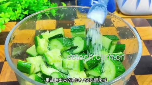 一位家庭主妇正在将切好的小黄瓜装入透明玻璃罐中,旁边放着一碗褐色透明的冷却腌汁,手边有蒜片、辣椒和香料,场景温馨整洁 腌制小黄瓜装瓶过程