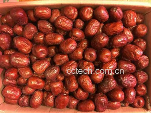 木质托盘上摆放多种新疆骏枣产品:左侧为整颗原晒干骏枣,中间为切片干燥样品,右侧为独立包装的有机认证骏枣礼盒,背景为简洁中式风格布艺,突出产品的天然与品质感 新疆骏枣深加工产品展示图