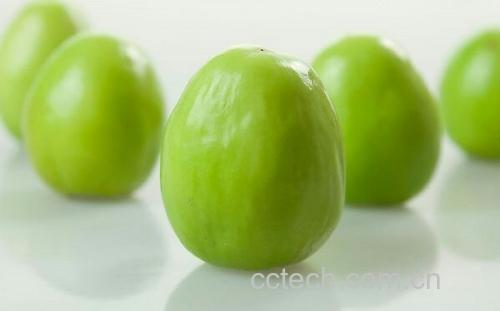 一颗新鲜翠绿的青枣,表皮光滑有光泽,切开后露出乳白色果肉和细小的种子,背景为田园果园环境,阳光充足,体现自然健康的农产品形象 青枣特写
