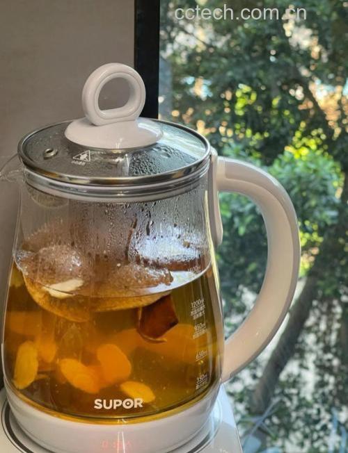 透明玻璃锅中正在熬煮沙田柚皮,水中漂浮着切成条状的黄色柚皮和两片生姜,蒸汽袅袅升起,灶台为现代厨房环境,旁边摆放着干净的瓷杯和木勺,展现家庭自制健康饮品的真实场景 沙田柚皮煮水过程图