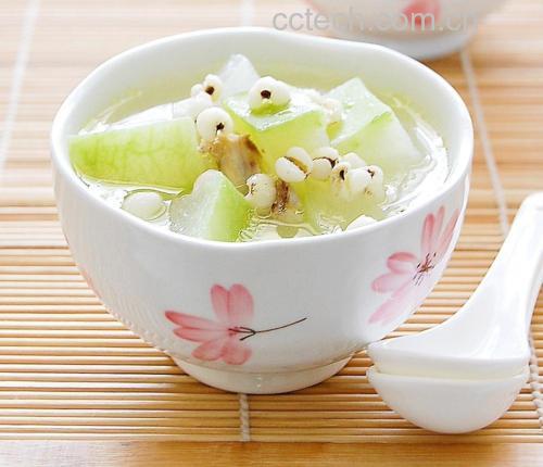 一口深色陶瓷砂锅置于灶台上,锅中可见冬瓜皮与薏米、赤小豆、红枣等食材共煮,蒸汽袅袅升起,展现传统中式养生汤品的烹饪过程 冬瓜皮与其他食材一同放入砂锅中慢炖的场景