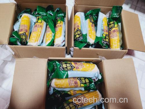 一张特写图片展示带有中国有机产品认证标志的包装袋,旁边摆放一根去皮的金黄色有机糯玉米,背景为绿色农田和太阳能杀虫灯,体现可持续农业理念 有机认证标签与玉米实物对照图