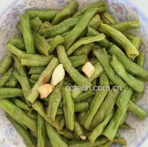 一盘色泽鲜亮的清炒四季豆,豆荚保持完整翠绿,表面略带油光,搭配红色小米椒点缀于白瓷盘中,展现家常健康烹饪方式 清炒四季豆菜肴