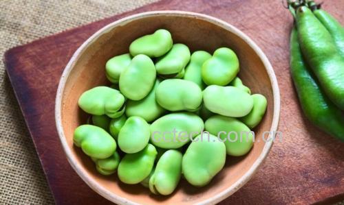粗陶碗中盛满煮好的绿色蚕豆,豆粒完整饱满呈翡翠色,表面略带光泽,旁边摆放木质筷子和小瓷碟,内有蒜末、香油、酱油等调料,整体呈现自然质朴的中式家常风格 一碗盛满翠绿色水煮蚕豆的粗陶碗,旁边放着竹筷和小碟调味料