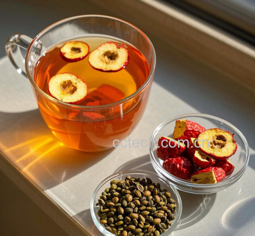 玻璃茶壶中正在冲泡山楂姜枣茶,可见红色山楂片、黄色姜片和深红红枣,热气升腾,旁边摆放原料特写:整颗山楂干、 sliced ginger, pitted red dates 山楂姜枣茶冲泡过程图