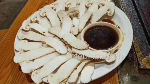 清蒸后的松茸摆放在白瓷盘中,汤汁清澈,香气四溢,旁边搭配一碗米饭,展现健康饮食场景 松茸成品图