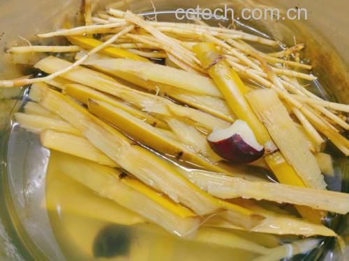 一位厨师正在厨房中用不锈钢锅煮红甘蔗,锅中清水已微沸,几段切成小块的红甘蔗浸泡其中,水面漂浮着气泡和少量泡沫,旁边放有削皮刀和未处理的完整红甘蔗,背景为整洁的家庭厨房环境 红甘蔗煮水过程