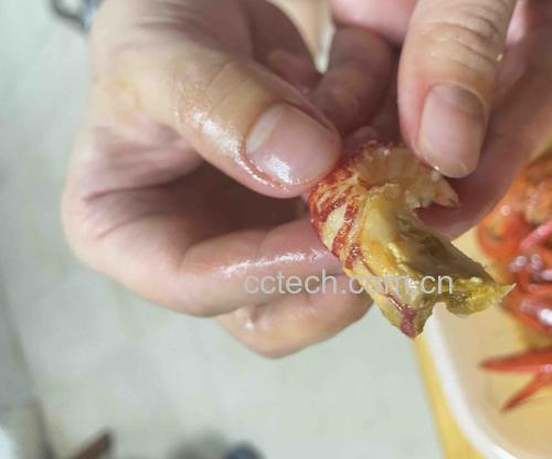 家庭厨房中正在剥小龙虾的人手操作图