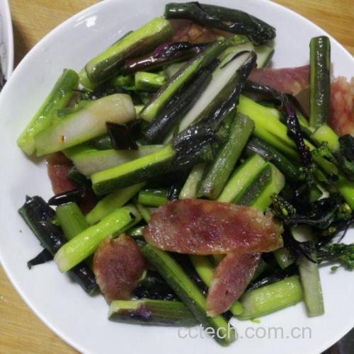 高清俯拍:左侧为刚摘洗撕筋的翠绿蒜薹段(带细微蜡粉光泽),中间为斜切的琥珀色广式腊肠片(肥肉晶莹、瘦肉红润),右侧为浸泡30分钟后的饱满粳米(米粒半透明、表面湿润反光) 蒜薹腊肠大米三组食材特写
