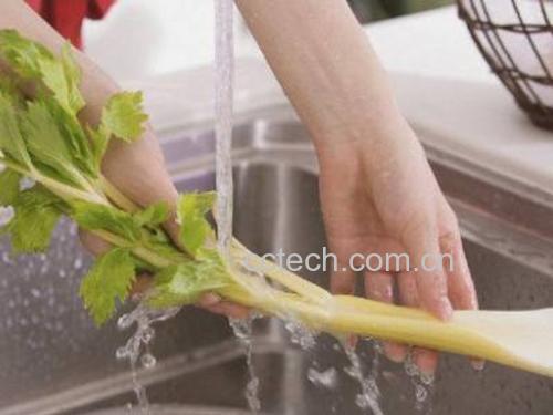 一名厨师正在用流水仔细冲洗一把新鲜采摘的山芹菜,山芹茎叶分明,水中可见泥沙脱落,背景为厨房水槽和绿色案板 山芹菜清洗过程特写