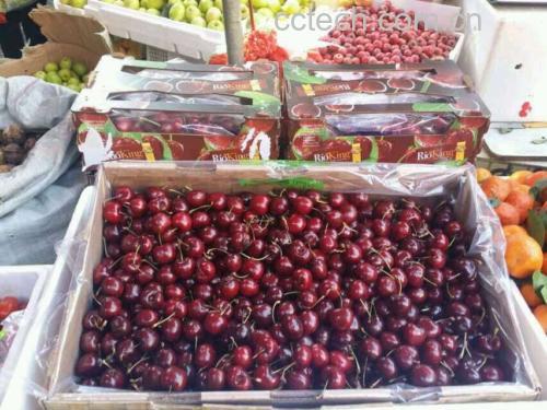 图表展示每100克樱桃所含的主要营养素,包括维生素C、钾、膳食纤维、花青素等数值对比,背景为新鲜樱桃切片 樱桃营养成分柱状图