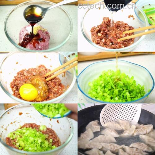 一位家庭主妇正在厨房中将调制好的芹菜猪肉馅包入饺子皮中,展示从芹菜准备到包饺子的完整流程 芹菜饺子制作过程图