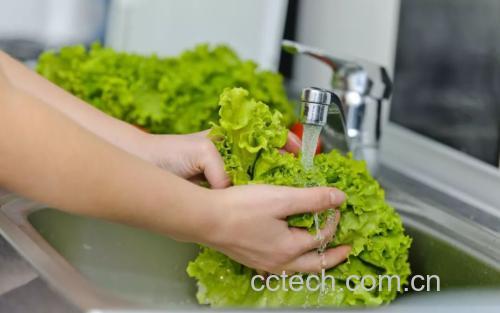 一位厨师正在厨房水槽中用手轻柔地清洗一片片绿色生菜叶,水流清澈,背景有不锈钢盆和竹制滤篮,突出清洁卫生的操作场景 清洗生菜过程