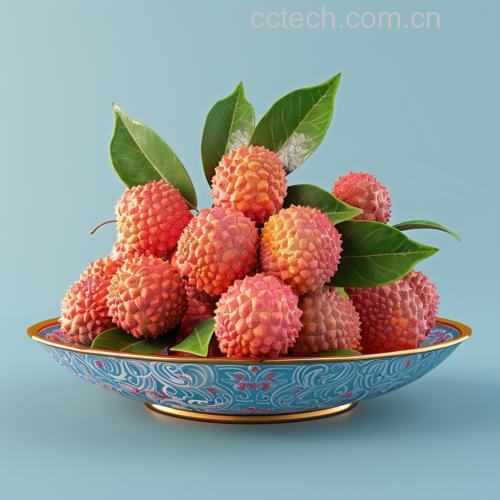 俯拍视角:哑光白釉圆形餐盘中,右上角竖立一颗带蒂妃子笑荔枝,右上至左下对角线排列4颗半剖果肉(剖面琥珀色晶莹),左下铺3片紫苏叶配海盐与薄荷碎,盘心3滴茉莉花露呈镜面水珠,整体构图疏密有致,光影柔和 妃子笑荔枝摆盘完成图