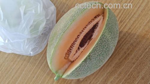 展示甜瓜与哈密瓜的外观对比,左侧为橙黄色果肉的甜瓜,右侧为绿白色果肉的哈密瓜 甜瓜与哈密瓜对比图