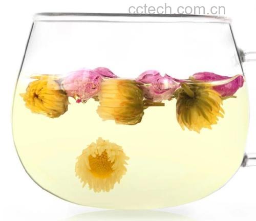 玻璃杯中正在冲泡的胎菊王,热水注入后花朵缓缓舒展,茶汤呈清澈明亮的淡黄色,背景为简约中式茶席,左侧放置密封罐装的干胎菊花 胎菊茶汤冲泡过程
