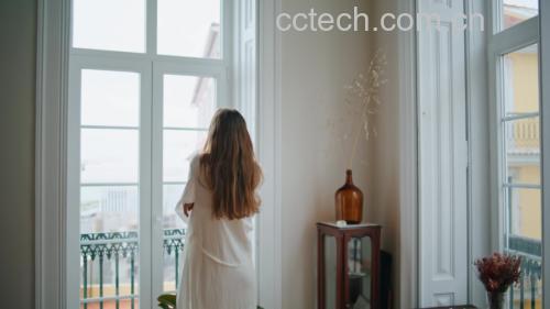 一位30岁左右女性站在厨房窗边,身穿浅色棉麻围裙,双手捧着透明玻璃杯,杯中为深褐色略带绿意的液体,阳光透过窗户洒在杯子上,背景有绿植与木质橱柜 女性手持玻璃杯饮用黑豆车前草水