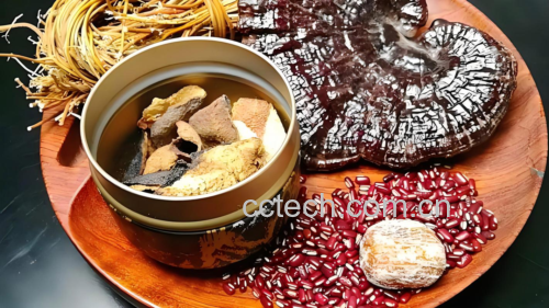 一张高清俯拍图,展示摆放在木质砧板上的干灵芝切片、红枣、枸杞、淮山片、生姜片和切块的老母鸡,背景为砂锅与厨房布景,光线柔和自然 食材准备图