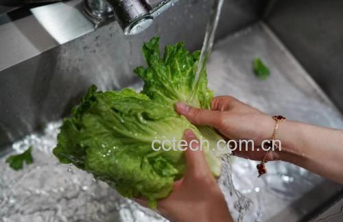 一位女性在明亮的家庭厨房中用流动自来水仔细清洗一把小叶菠菜,手中拿着蔬菜,水槽中有泡沫,旁边放着食品级清洗篮和喷雾瓶,背景整洁温馨 家庭厨房清洗场景