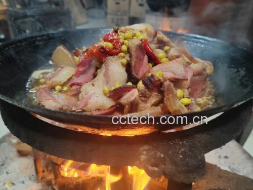一位中年厨师站在农村土灶前,手持铁锅铲正在翻炒锅中的白不老豆角,锅内火焰升腾,豆角与肉片混合翻滚,空气中似有热气蒸腾,灶台边摆放着切好的蒜片、干辣椒和酱油瓶,画面充满烟火气与生活质感 灶台翻炒场景