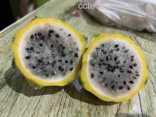 一个新鲜的黄色火龙果切开后露出白色果肉和黑色籽粒 黄色火龙果特写