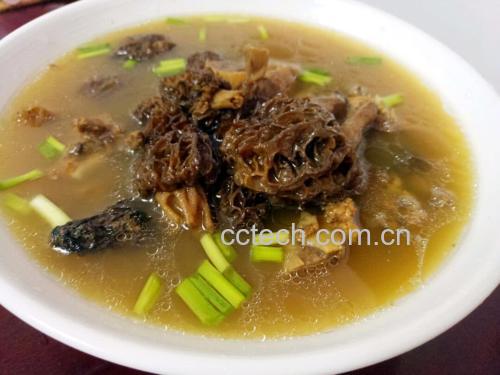 一盅白色瓷碗中盛放着炖煮后的羊肚菌鸡汤,汤色清亮微黄,可见数朵泡发充分的羊肚菌,菌盖饱满舒展,呈现出明显的蜂窝结构,周围环绕着嫩黄色鸡块。旁边摆放一朵未烹调的干制厚实羊肚菌作为对照,突出前后形态变化。整体画面温暖诱人,体现食材的高品质与营养价值 羊肚菌烹饪成品图