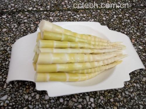一盘清炒高山竹笋装在白色瓷盘中,竹笋翠绿鲜亮,蒜末与辣椒点缀其中,香气扑鼻 清炒高山竹笋成品图