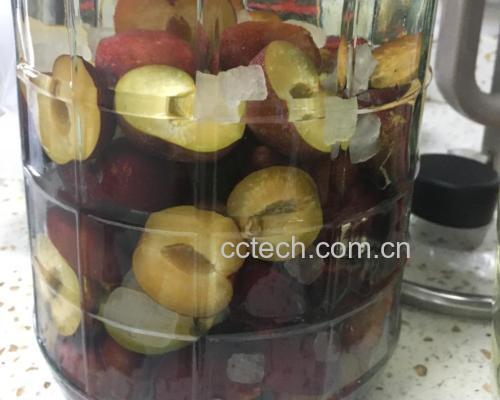 一盆新鲜青李子被清洗后放入透明玻璃坛中,旁边摆放着高粱酒瓶和冰糖,展示李子泡酒的家庭制作场景,背景为乡村厨房环境 李子与白酒浸泡过程特写