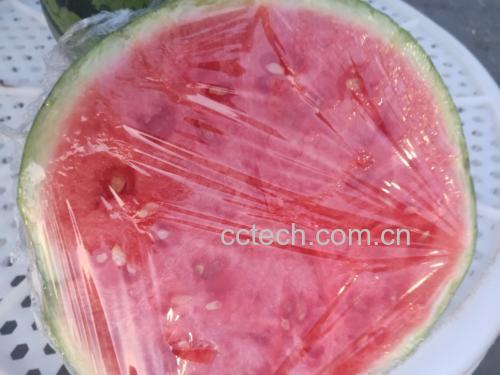 一名家庭主妇在厨房操作台上将一块切好的麒麟西瓜用透明保鲜膜严密包裹,随后将其放入冰箱冷藏格,冰箱内可见其他新鲜蔬果,环境整洁明亮 家庭厨房中将切好的麒麟西瓜用保鲜膜包裹后放入冰箱冷藏的场景