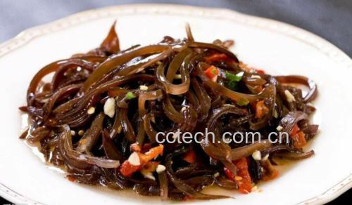 毛木耳凉拌成品特写:紫褐色厚实质地的毛木耳片整齐铺于白瓷盘中,表面均匀裹覆红油、蒜末、香菜碎与芝麻,边缘清晰无软烂,酱汁呈亮泽油膜状附着于微凹坑表面